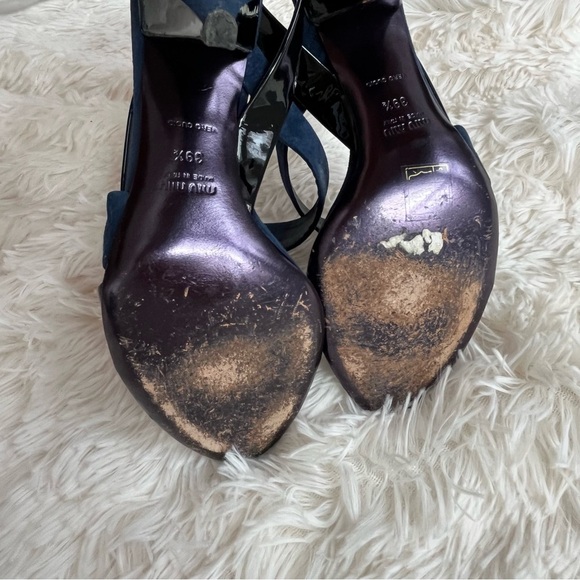 Miu Miu Navy Blue Suede Black Patent Leather Slingback Heels Sandals Size 9.5 - Picture 11 of 14
